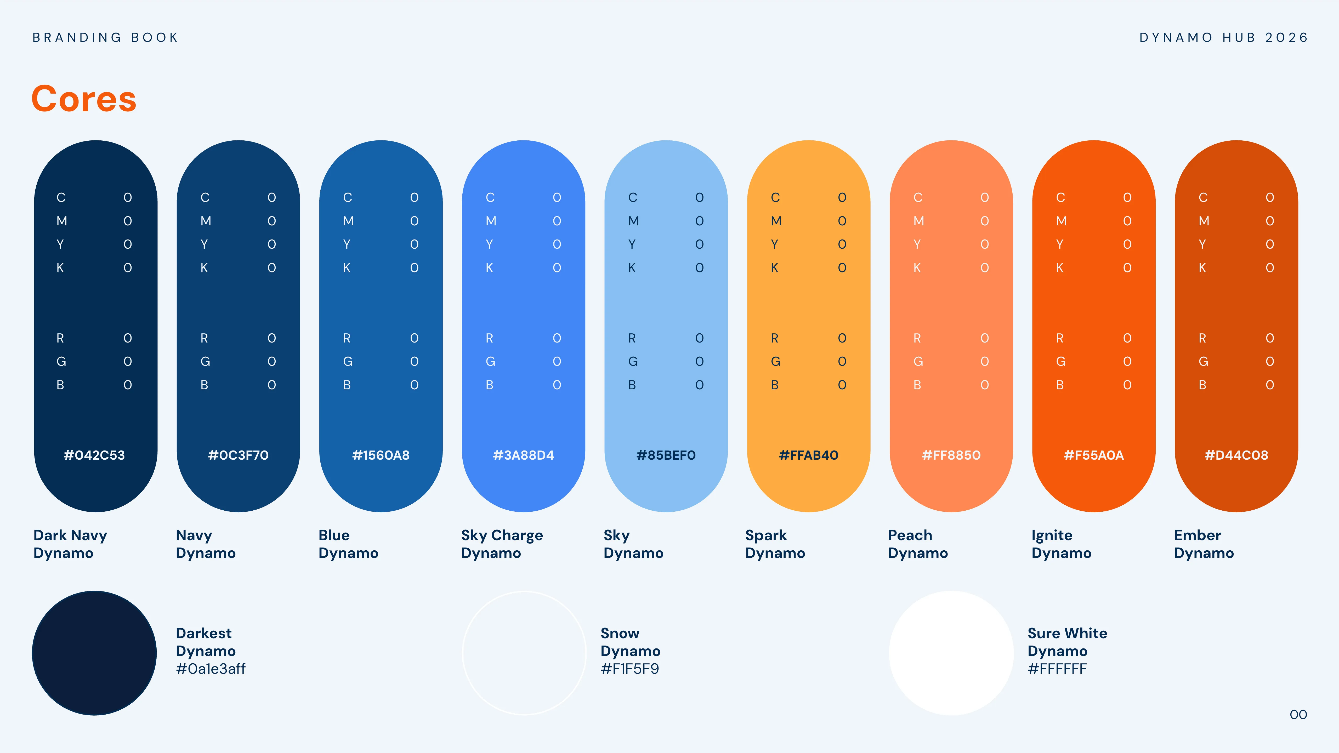 Branding book color palette page for Dynamo Hub, listing named colors with CMYK, RGB, and hex values.