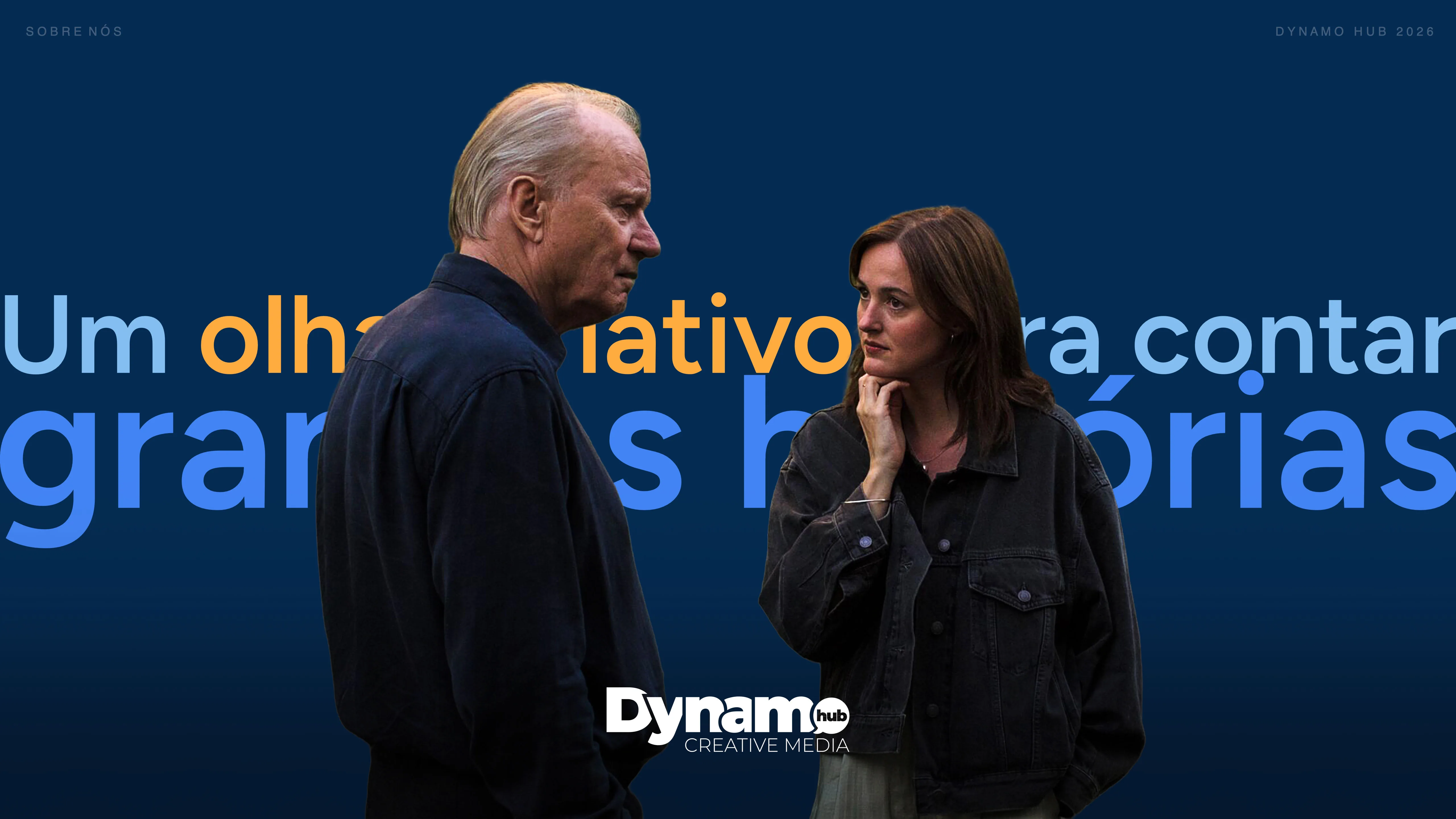 Two people in profile facing each other over a navy blue background reading "Um olhar criativo para contar grandes histórias," with the Dynamo Hub logo.