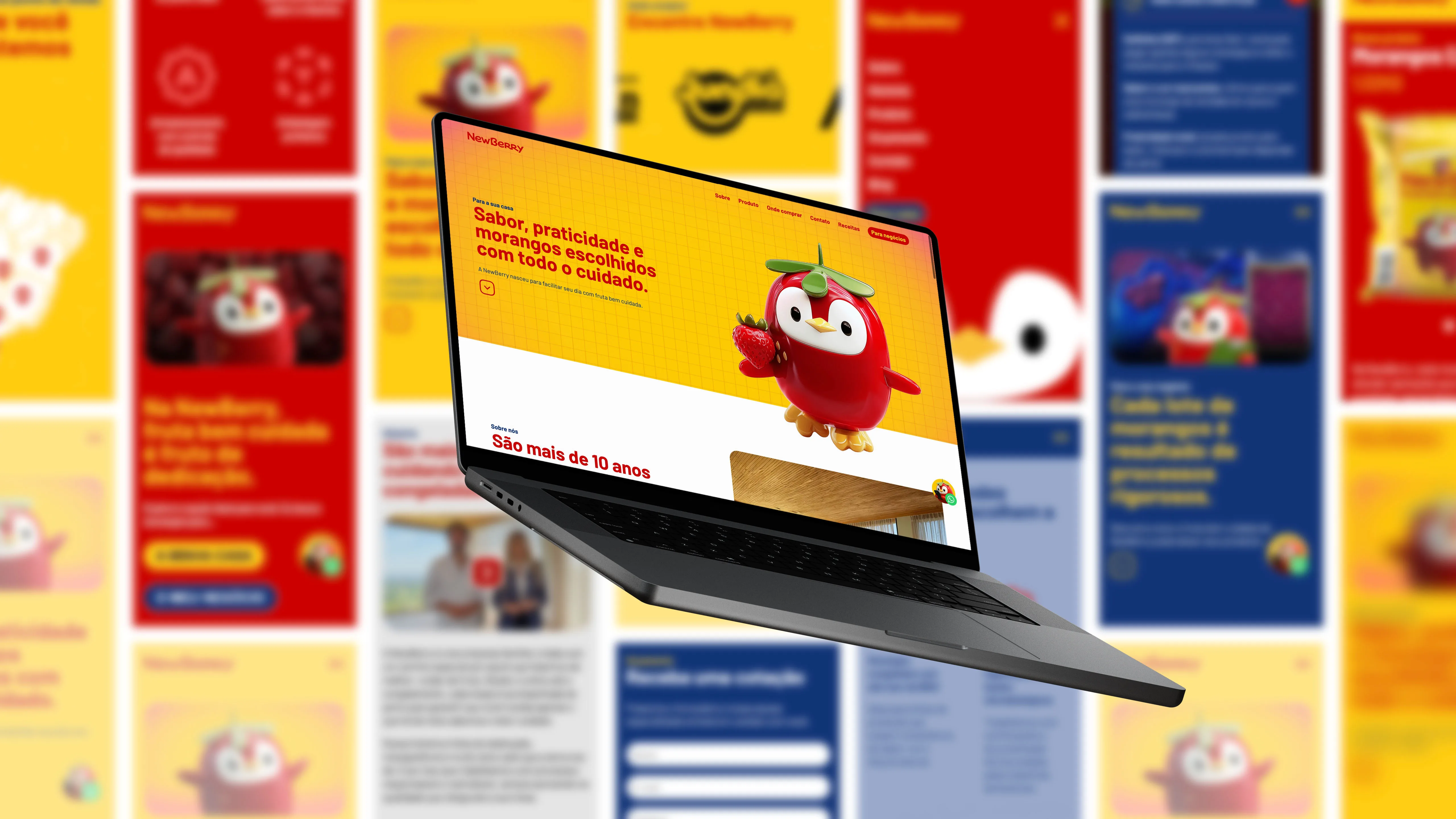Floating laptop displaying the NewBerry homepage with its strawberry mascot, surrounded by blurred social media post thumbnails.