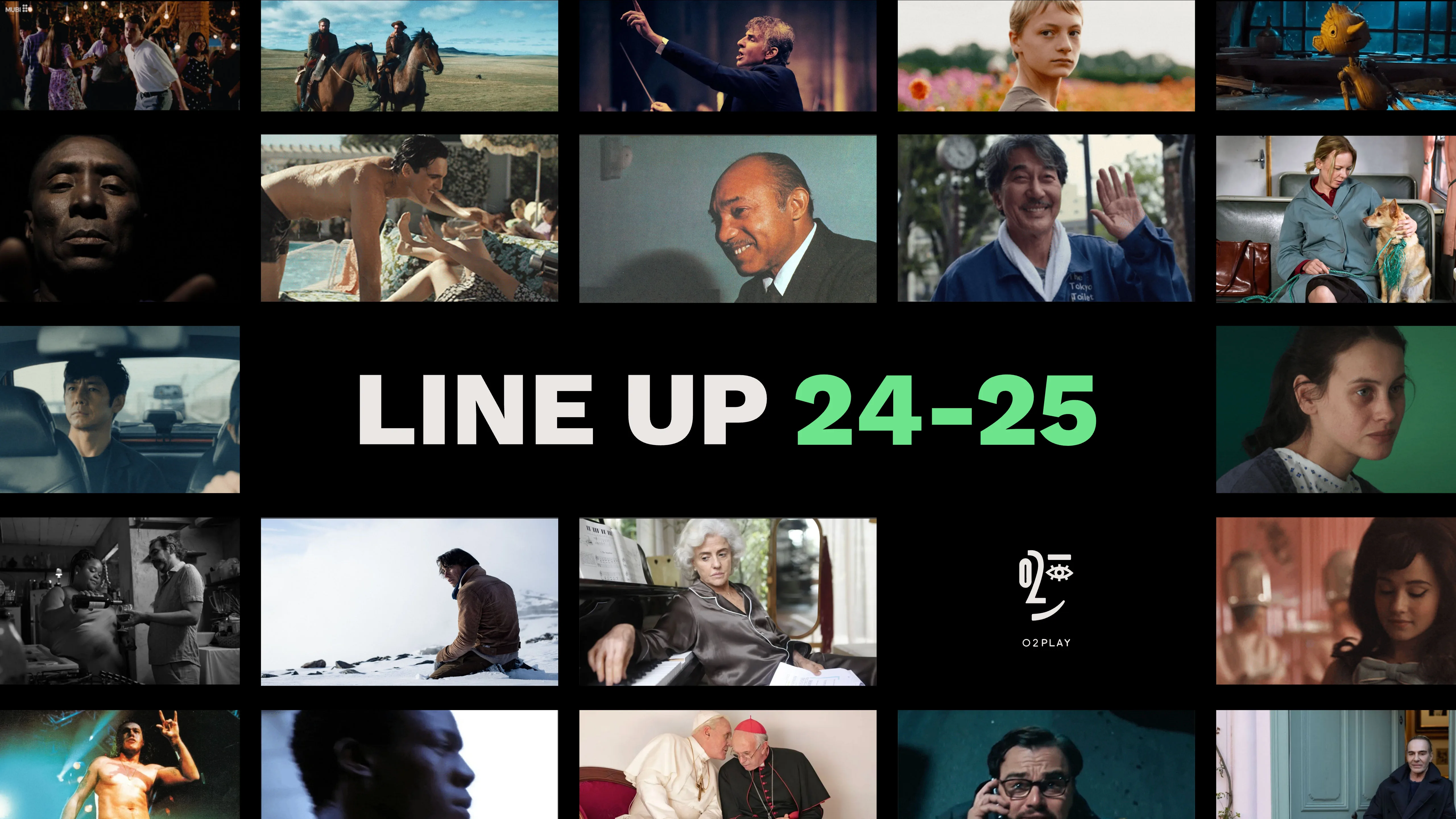 Grid of film still thumbnails forming the O2 Play 2024–25 line-up mosaic, with the O2 Play logo at center.
