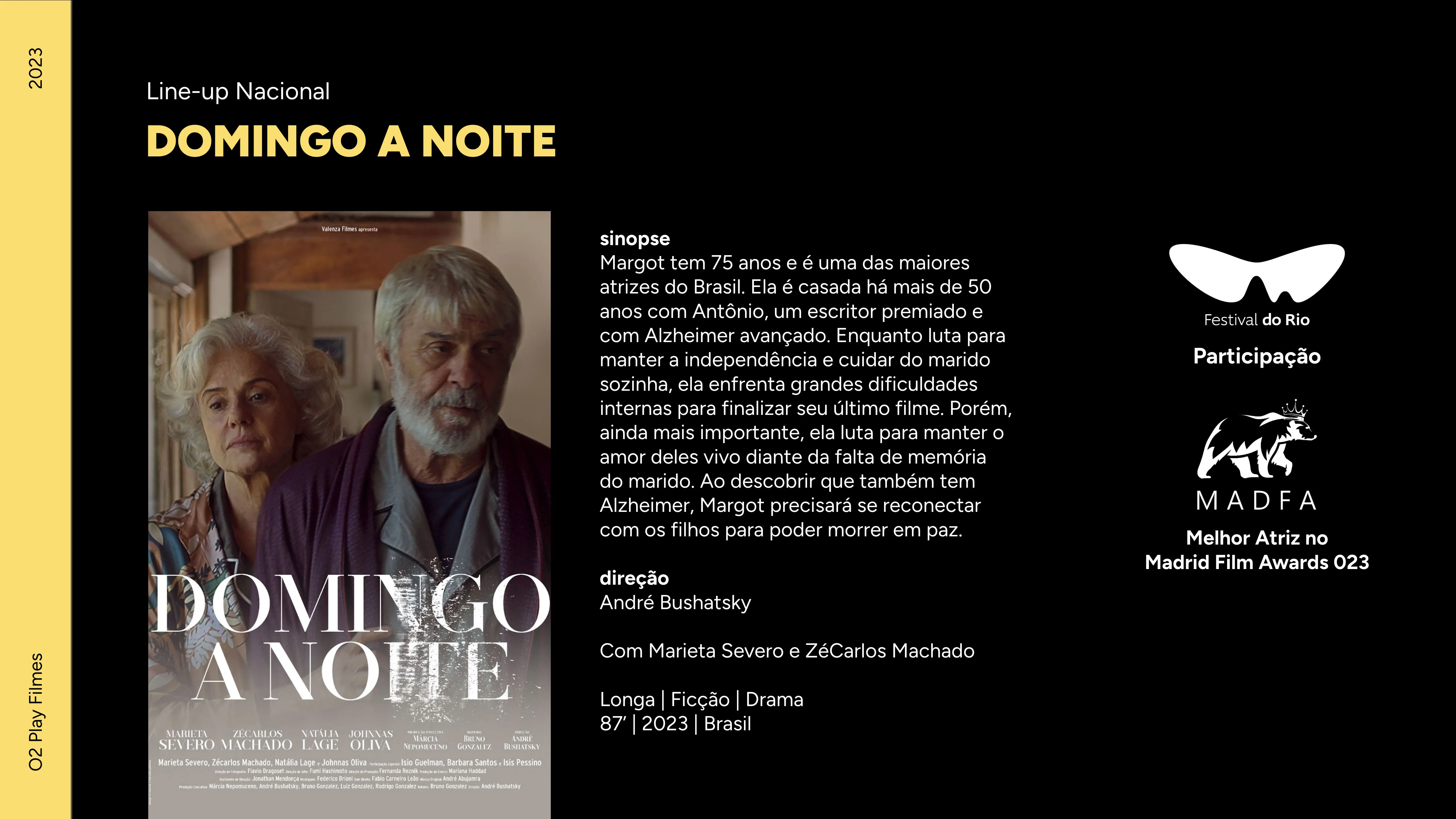 Film page for Domingo a Noite showing the poster, synopsis, director, and a Festival do Rio / MADFA award badge.
