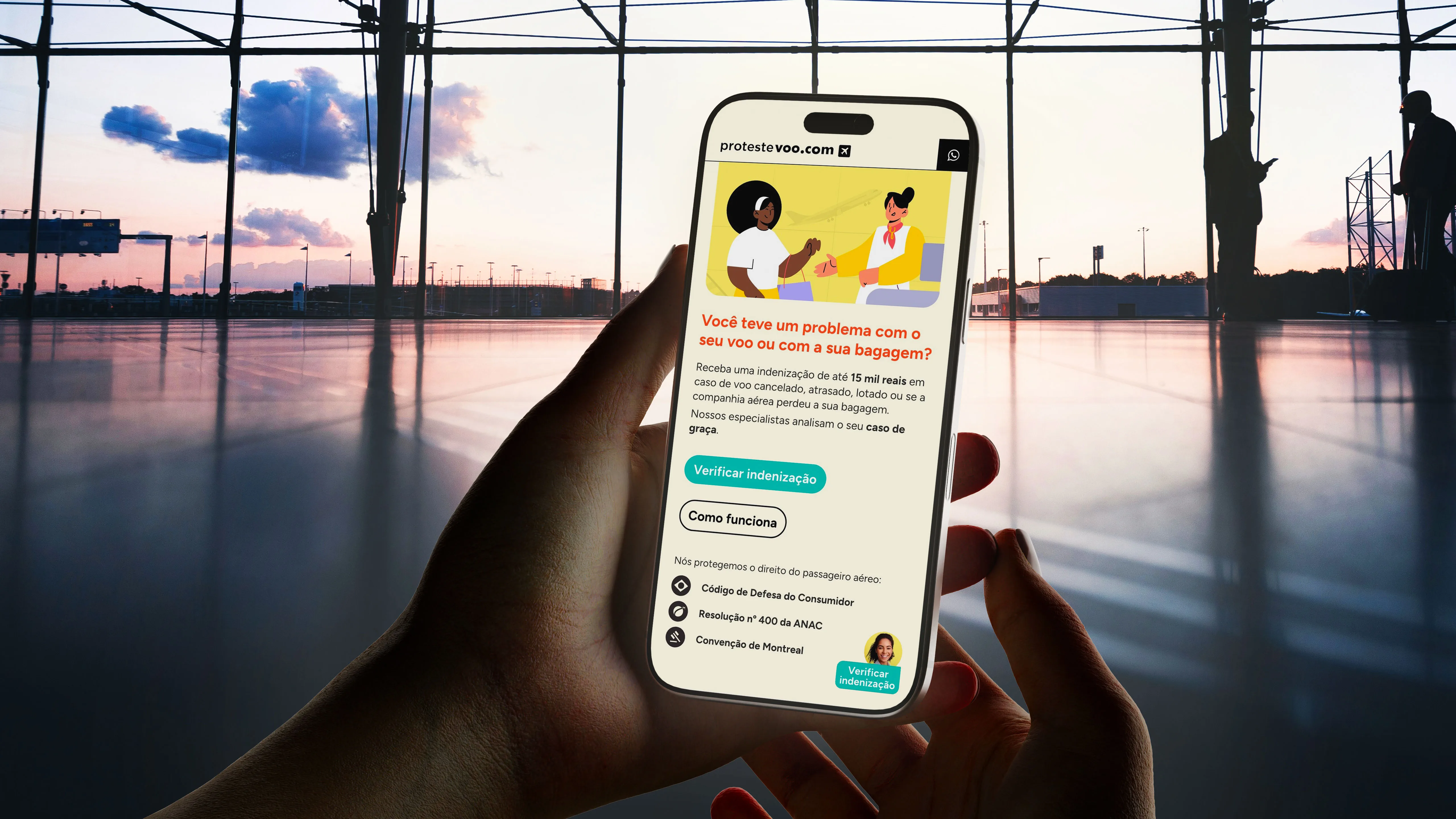 Hand holding a smartphone displaying the ProtesteVoo.com website, with an airport terminal at sunset in the background.